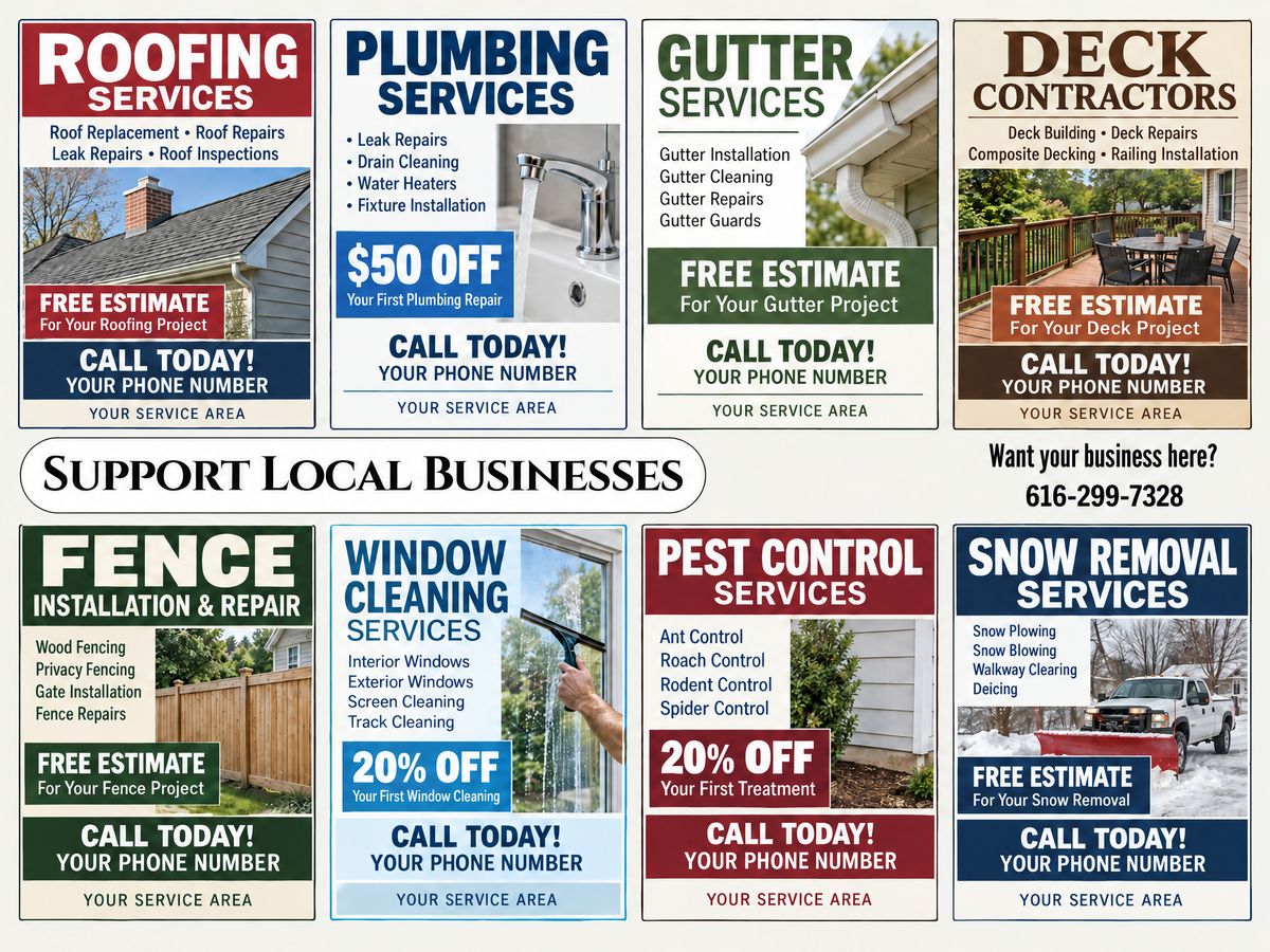 Sample shared postcard featuring advertisements for local home-service businesses
